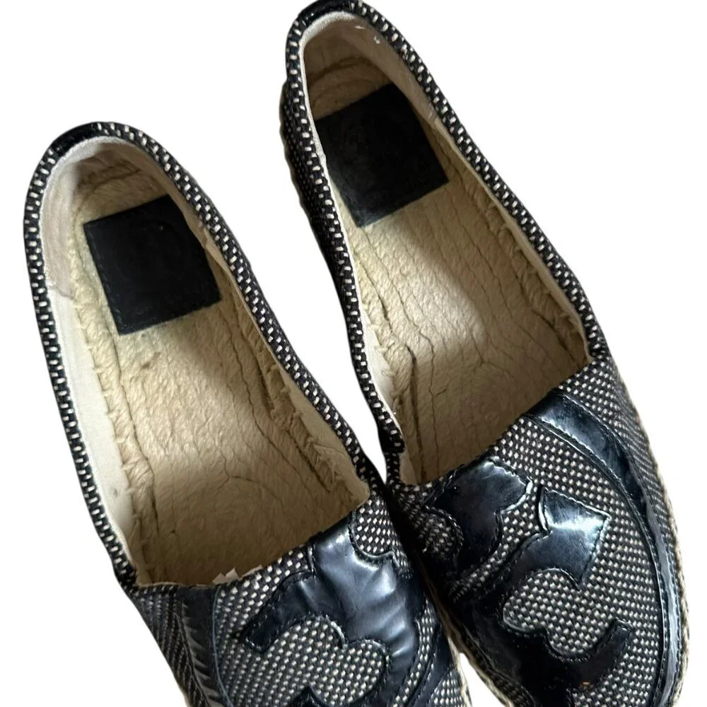 Tory Burch Lonnie Leather Logo Woven Espadrille Flats Size 6.5
